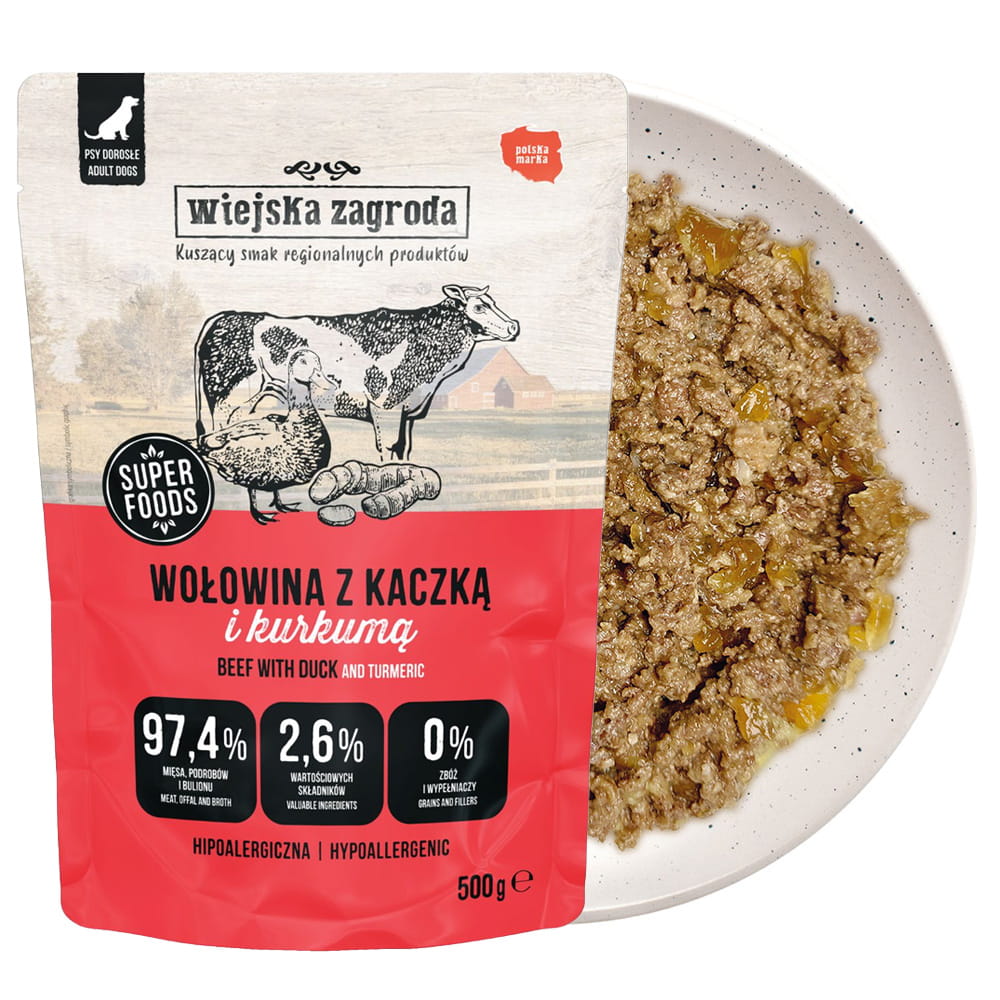 Wiejska Zagroda Karma mokra dla psa Wołowina z kaczką (dorosły) 500g